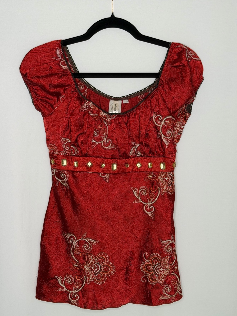 Heart Soul Y2K Boho Red Embroidered Studded Empire Waist Top | Small - Picture 3 of 5